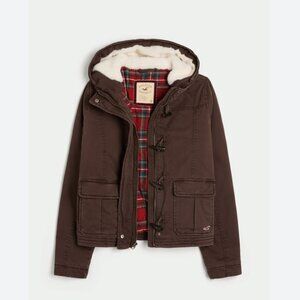 Hollister Holiday Vault Release Brown Twill Faux Fur Trim Hooded Bomber Jacket